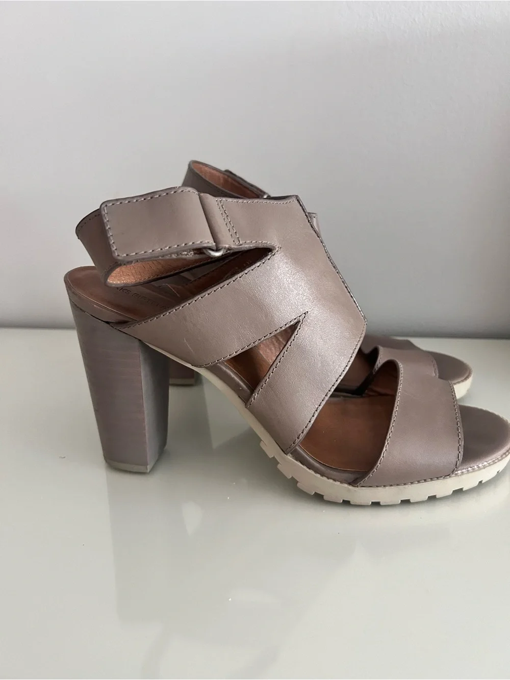 Saks Fifth Avenue Taupe Leather Block Heel Sandals